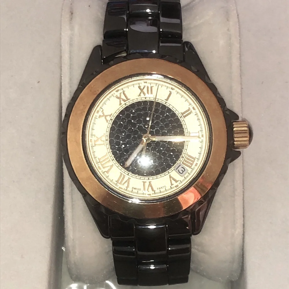 Solid Real 14K Gold Bezel 1.00CT Black Spinel Vicence Milor Italy Ceramic Watch